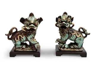 Chinese Dogs – Green Crackle Glaze Porcelain with Hand-Painted Details, 13" Decorative Sculptures by Bradshaw Orrell (Pair)