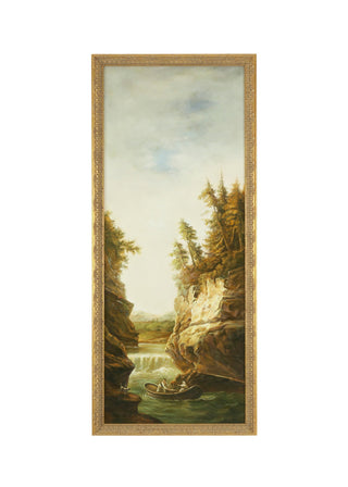 River Landscape with Boat Hand-Painted Oil Artwork in Gold Frame – 63.5" x 27.5"