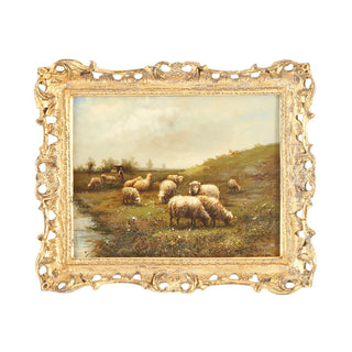 Sheep with Cottage Hand-Painted Oil Artwork in Gold Frame – 12.5" x 15"