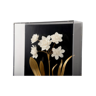 Porcelain Flower Wall Art – Handcrafted Matte White Flowers on Black Linen, Antique Gold Leaf Leaves