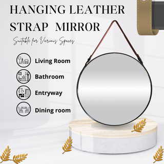 Modern Round Hanging Leather Strap Mirror - Contemporary Black Circular Mirror