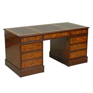 English Pedestal Desk w/Leather Burl