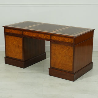 English Pedestal Desk w/Leather Burl