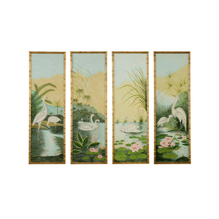 Hand-Painted Tropical Morning Panels – Green Oil on Canvas Wall Art with Gold Leaf Bamboo Frames