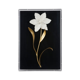 Porcelain Flower Wall Art – Handcrafted Matte White Flowers on Black Linen, Antique Gold Leaf Leaves