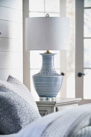 Classic Lamp - Blue and White Ceramic with Acrylic Base, 29.5" Height, Off-White Linen Shade