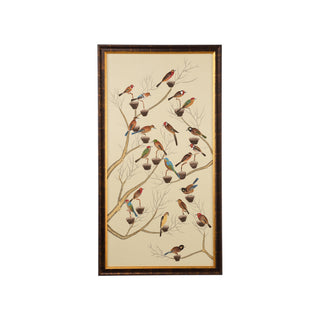 Small Aviary – Hand-Painted Watercolor on Silk with Antique Gold and Brown Frame (60" x 32.5")