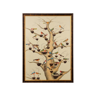 The Aviary – Hand-Painted Watercolor on Silk with Antique Gold & Brown Frame and Glass