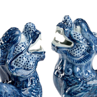 Blue Foo Dogs (Pair) – Hand-Painted Ceramic Figures with Blue and White Glaze, 7.5" Tall