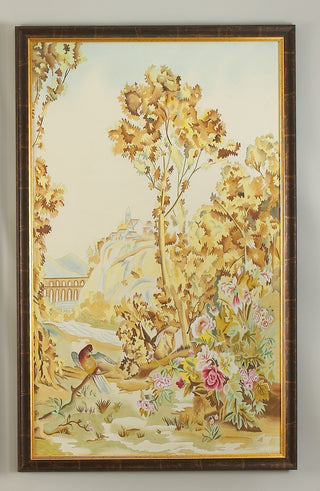 Aubusson Panel - A and B: Watercolor on Silk with Antique Gold and Brown Wood Frame