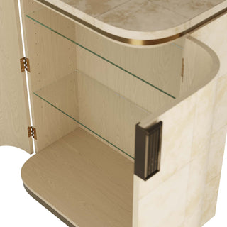 Rucci Cocktail Cabinet - Art Deco Glamor Inspired Bar with Ivory Vellum Grid Pattern and Antique Brass Accents