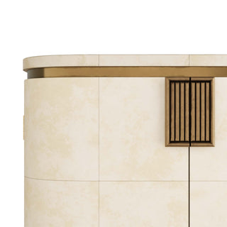 Rucci Cocktail Cabinet - Art Deco Glamor Inspired Bar with Ivory Vellum Grid Pattern and Antique Brass Accents