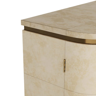 Rucci Cocktail Cabinet - Art Deco Glamor Inspired Bar with Ivory Vellum Grid Pattern and Antique Brass Accents