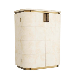 Rucci Cocktail Cabinet - Art Deco Glamor Inspired Bar with Ivory Vellum Grid Pattern and Antique Brass Accents