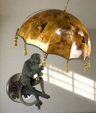 Maitland-Smith Parasol Sconce Pair with Verdigris Brass Monkeys and Penshell Shades