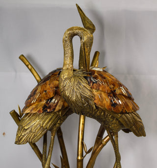 Maitland Smith Marsh Table Lamp – Antique Brass and Dark Bronze Cranes with Young Tiger Penshell Inlaid Shades, 20" x 12" x 37"