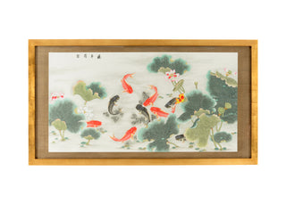 Garden Pond Artwork – Hand-Colored Paper with Antique Gold Leaf Wood Frame, 45.5" x 82.75"