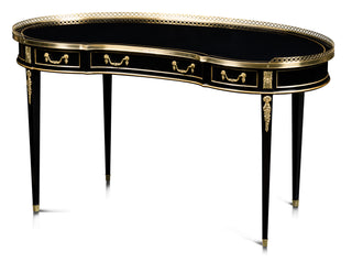 Maitland Smith Lady's Eclipse Desk - Ebonized Kidney Desk with Gold and Brass Accents, Custom Brass Gallery, and Brass Hardware