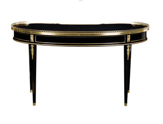 Maitland Smith Lady's Eclipse Desk - Ebonized Kidney Desk with Gold and Brass Accents, Custom Brass Gallery, and Brass Hardware