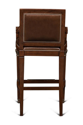 Maitland Smith Quarter Barstool - Mahogany with Antique Brown Leather and Brass Accents (SH30-020504)