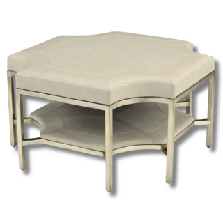 Parkdale Octagonal Ottoman in Light Grey Leather with Burnished Silver Frame