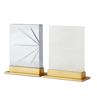 Veridian Sculptures, Set of 2 - White Alabaster and Smoke Crystal with Etched Radial Design on Antique Brass Bases