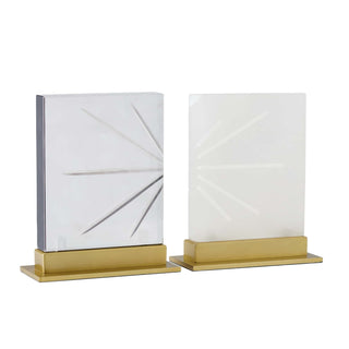 Veridian Sculptures, Set of 2 - White Alabaster and Smoke Crystal with Etched Radial Design on Antique Brass Bases