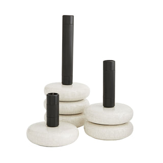 Set of 3 Glaze Candlesticks: Modern Blackened Steel Holders with Ivory Stained Crackle Ceramic Disc Bases