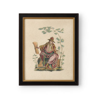 Pillement Paintings – Hand-Painted Watercolor on Paper with Brown & Antique Gold Frame