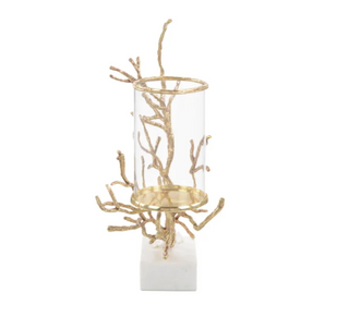 Nestled In Branch Candleholder - Brass with White Marble Base & Quartz Crystals