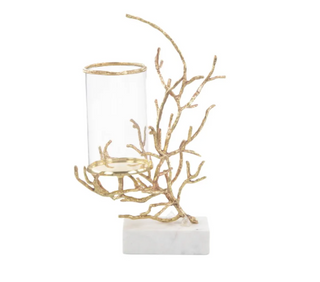 Nestled In Branch Candleholder - Brass with White Marble Base & Quartz Crystals