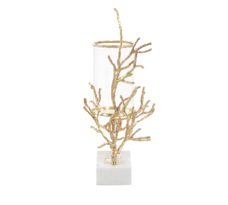 Nestled In Branch Candleholder - Brass with White Marble Base & Quartz Crystals