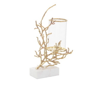 Nestled In Branch Candleholder - Brass with White Marble Base & Quartz Crystals