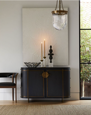 Edmondson Cabinet - Oak Veneer with Sable Finish and Curvilinear Antique Brass Inlay