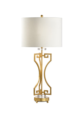 Greek Key Gold Lamp - Antique Gold Leaf Iron with Clear Acrylic Accents, 35.5" Height, Off-White Linen Shade