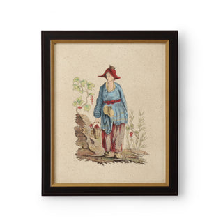 Pillement Paintings – Hand-Painted Watercolor on Paper with Brown & Antique Gold Frame