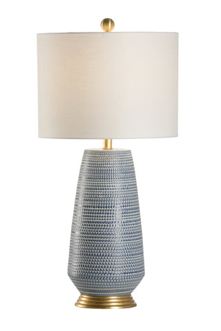 Cobalt Blue and White Glazed Porcelain Table Lamp with Antique Gold Leaf Base - Hive Lamp, 28.5" Height, Off-White Linen Shade