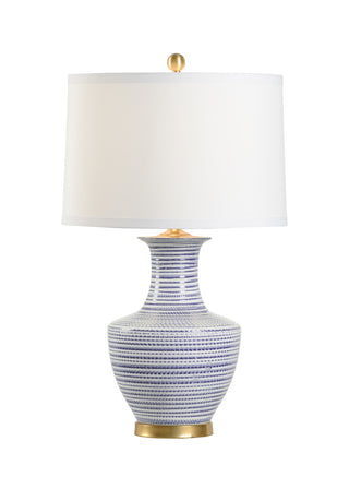 Classic Blue and Gold Ceramic Lamp - 31" Height, Blue/White Textured Finish, Brass Mounting, Off-White Silk Shade