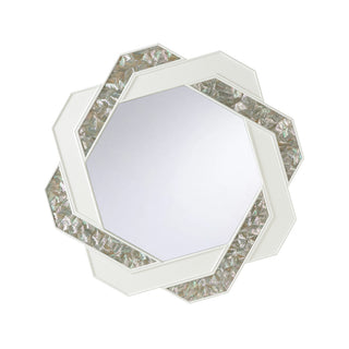 Myra Mirror – 44-Inch Floral Geometric Wall Mirror with Reconstructed White Leather Frame and Abalone Shell Inlays