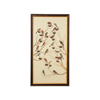 Small Aviary – Hand-Painted Watercolor on Silk with Antique Gold and Brown Frame (60" x 32.5")