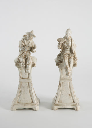 Chinese Figure on Pedestal – Hand-Finished Italian Ceramic Figurine (Pair) in White Glaze