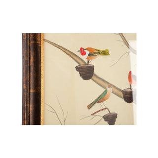 The Aviary – Hand-Painted Watercolor on Silk with Antique Gold & Brown Frame and Glass