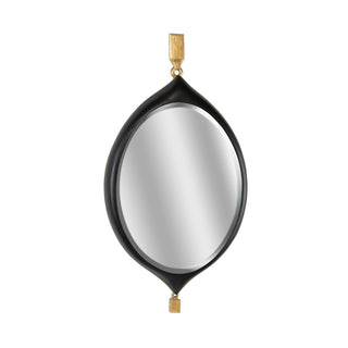 Cabochon Pendant Mirror - Elegant Matte Black and Gold Leaf Beveled Mirror, Modern Wall Decor