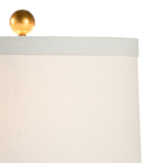 Beehive Lamp - Hand-Painted Green and White Glaze, Gold Leaf Base, 25.5" Height, Off-White Linen Shade