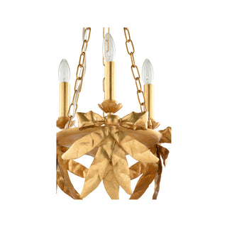 Bow Chandelier in Gold Leaf – Elegant Iron Chandelier with Flowing Bow Design, 3 Candle-Style Lights