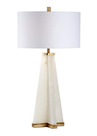 Alabaster Pyramid Lamp - Natural White Alabaster with Antique Brass Base, 34" Height, Off-White Linen Shade