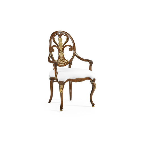 Sheraton Style Burl Walnut Oval Back Arm Chair