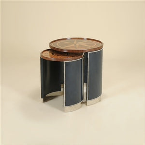 SET OF TWO NAVY BLUE LEATHER INLAID NESTING TABLES