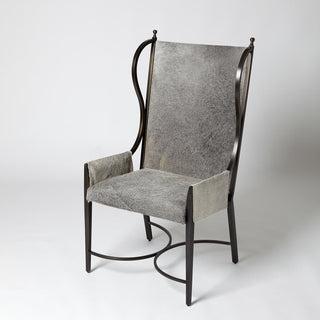 IRON WING CHAIR W/GREY HAIR-ON-HIDE