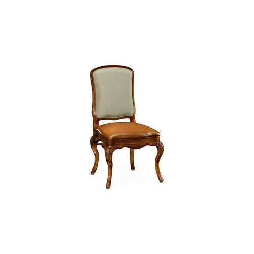 Walnut side chair with DV medium antique chestnut leather seat and fabric back